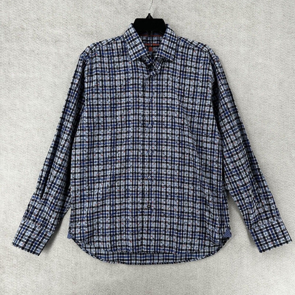 Luchiano‎ Visconti Black Mens Shirt MEDIUM Blue Plaid Geometric Button Up